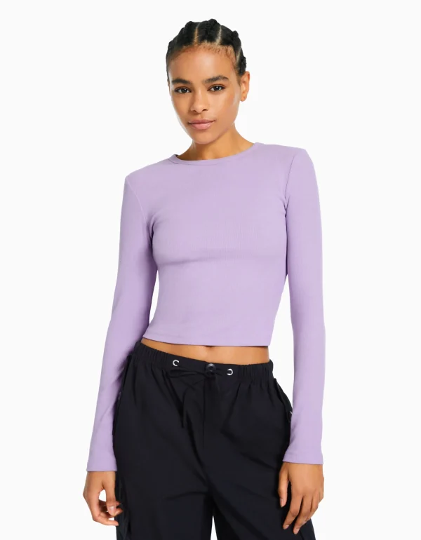 BERSHKA Tee-shirts*T-shirt manches longues bord-côte Violet