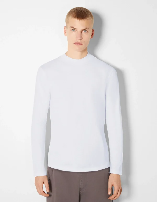 BERSHKA Vêtements*T-shirt manches longues col cheminée Blanc