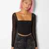 BERSHKA Party*T-shirt manches longues corset tulle Noir