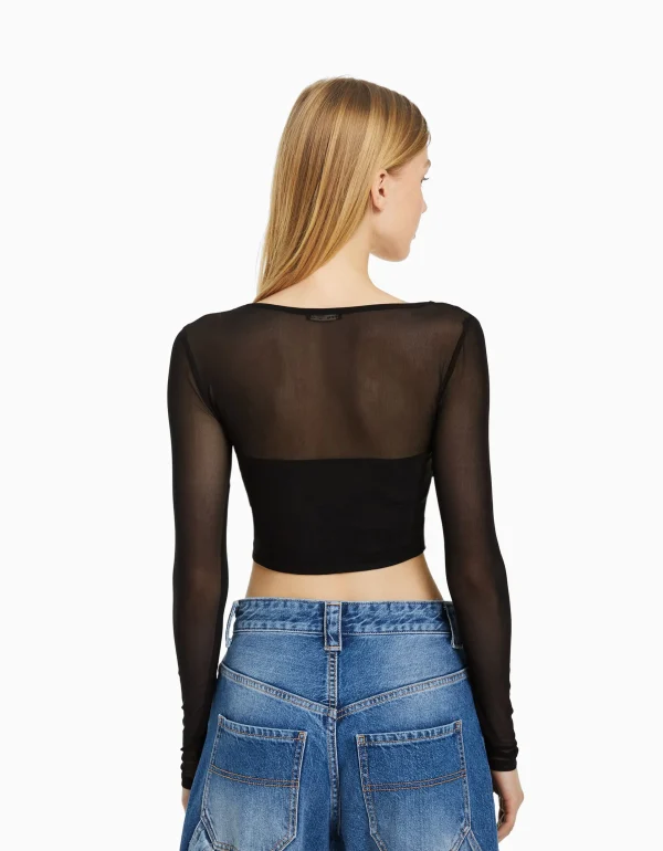 BERSHKA Tee-shirts*T-shirt manches longues corset tulle Noir