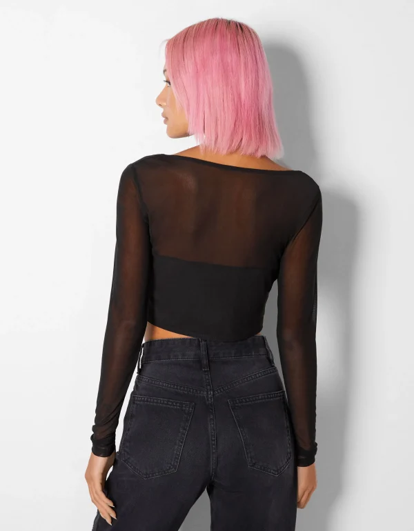 BERSHKA Party*T-shirt manches longues corset tulle Noir