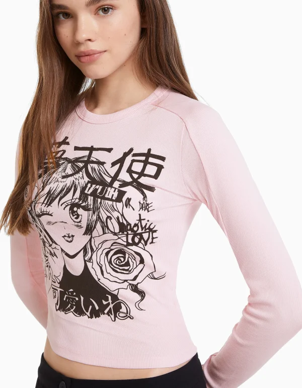 BERSHKA Tee-shirts*T-shirt manches longues imprimé anime Rose