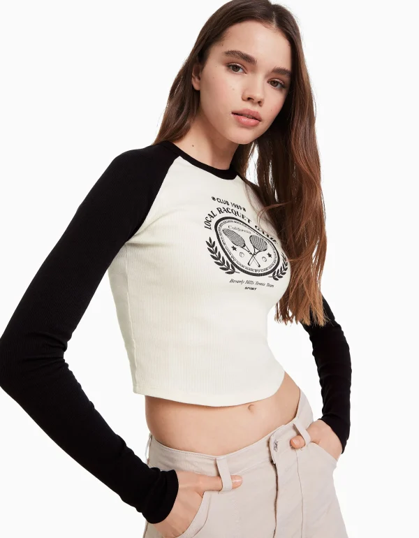 BERSHKA Tee-shirts*T-shirt manches longues raglan Blanc / Noir