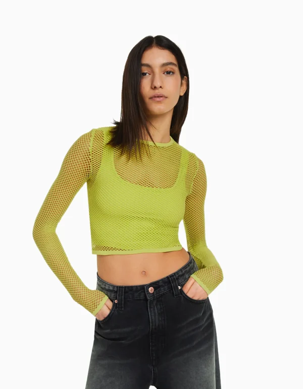 BERSHKA Tee-shirts*T-shirt manches longues seamless filet Lime