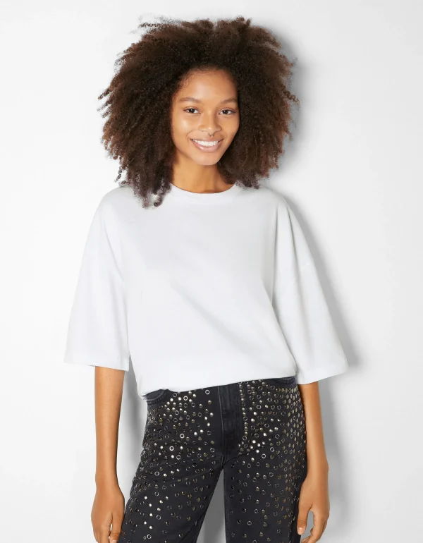 BERSHKA TEST*T-shirt oversize à manches courtes Blanc