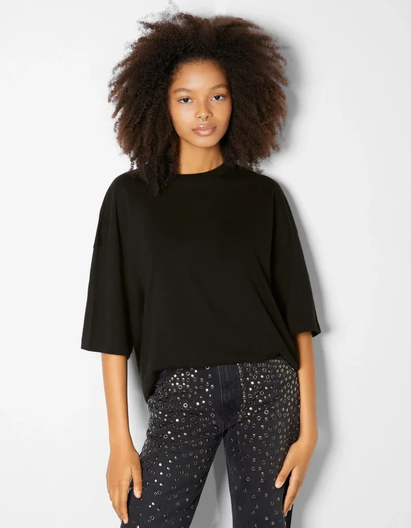 BERSHKA Tee-shirts*T-shirt oversize à manches courtes Noir