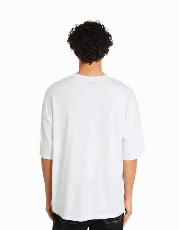 BERSHKA TEST*T-shirt oversize à manches courtes Blanc