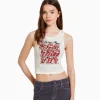 BERSHKA Tee-shirts*T-shirt sans manches maille pointelle imprimé The Rolling Stones Blanc