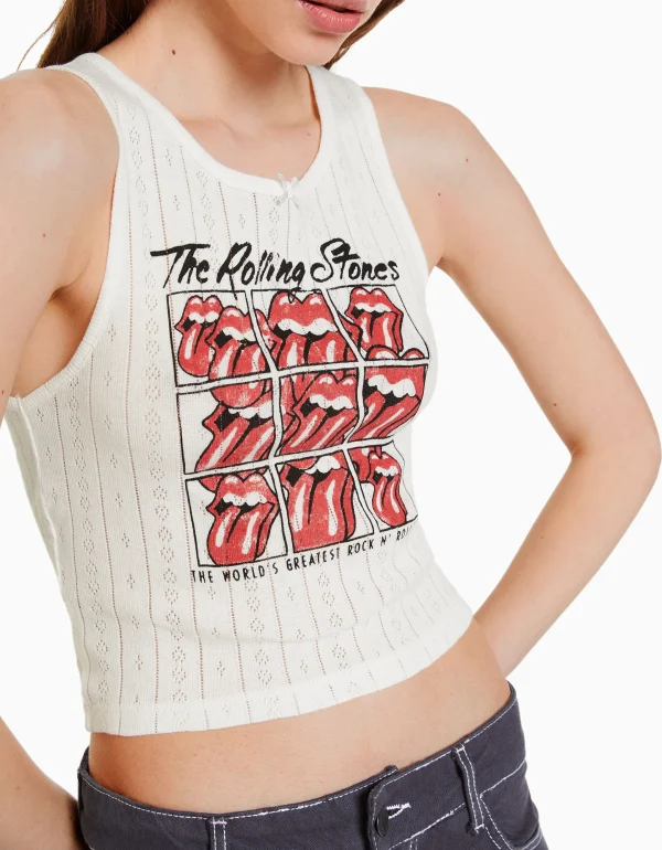 BERSHKA Tee-shirts*T-shirt sans manches maille pointelle imprimé The Rolling Stones Blanc