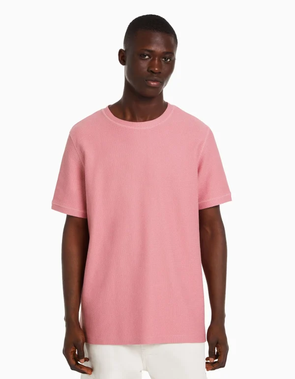 BERSHKA Vêtements*T-shirt texturé à manches courtes Rose