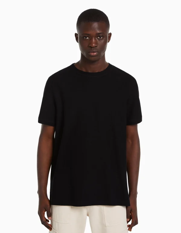 BERSHKA Tee-shirts*T-shirt texturé à manches courtes Camel