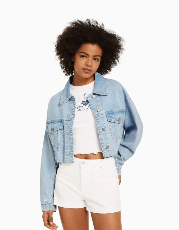 BERSHKA Vestes*Veste en jean courte Bleu clair