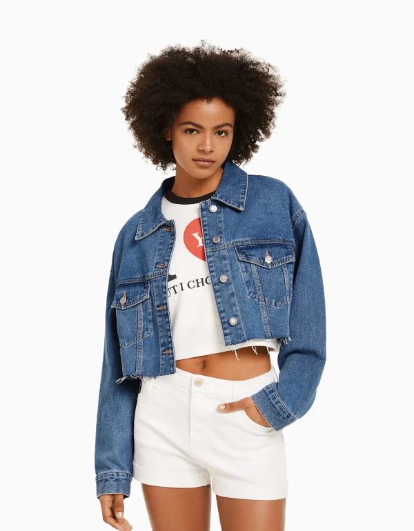 BERSHKA Vêtements*Veste en jean courte Bleu clair