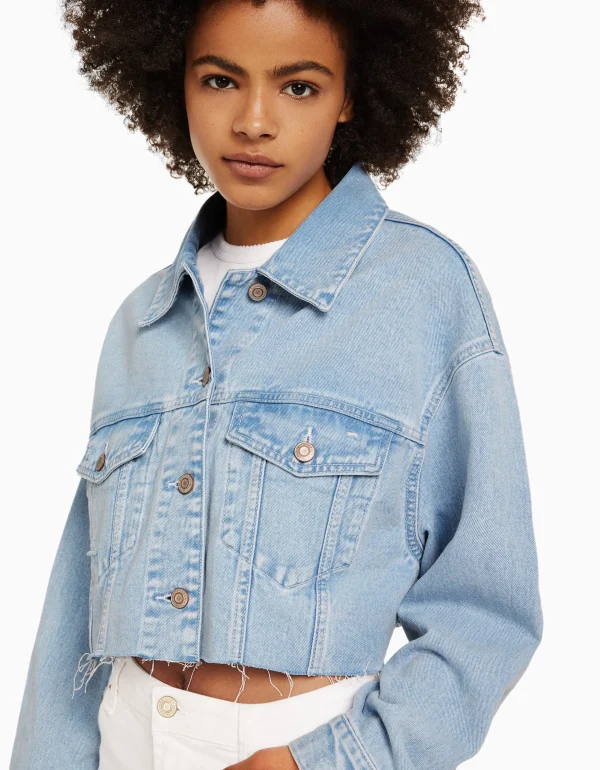 BERSHKA Vestes*Veste en jean courte Bleu clair