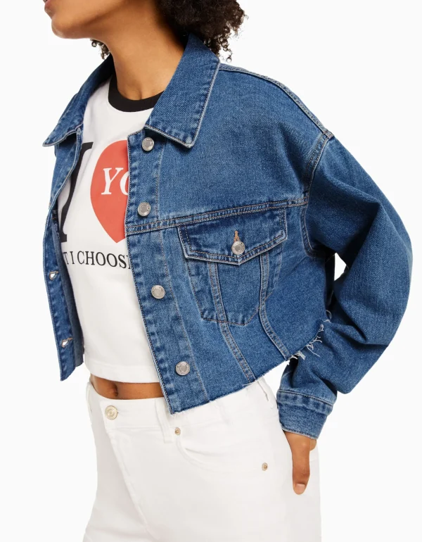 BERSHKA Vêtements*Veste en jean courte Bleu clair