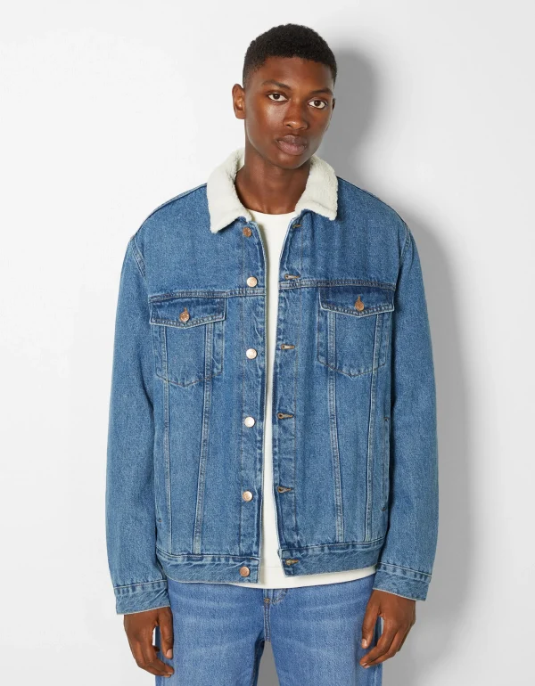 BERSHKA Blousons et manteaux*Veste en jean doublure polaire Bleu