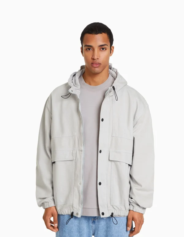 BERSHKA Blousons et manteaux*Veste en jean parachute capuche Gris