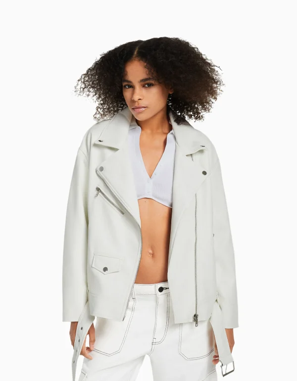 BERSHKA Vestes*Veste style motard similicuir ceinture Blanc cassé