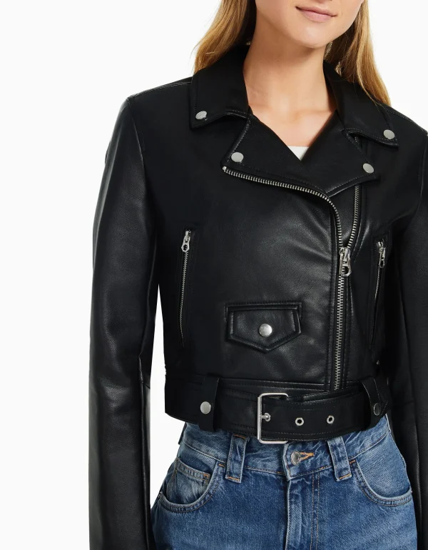 BERSHKA Vêtements*Veste style motard similicuir ceinture Noir